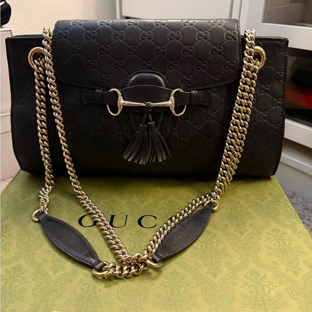 Gucci Black GG-Embossed Leather Shoulder Bag with Gold Chain & Tassel